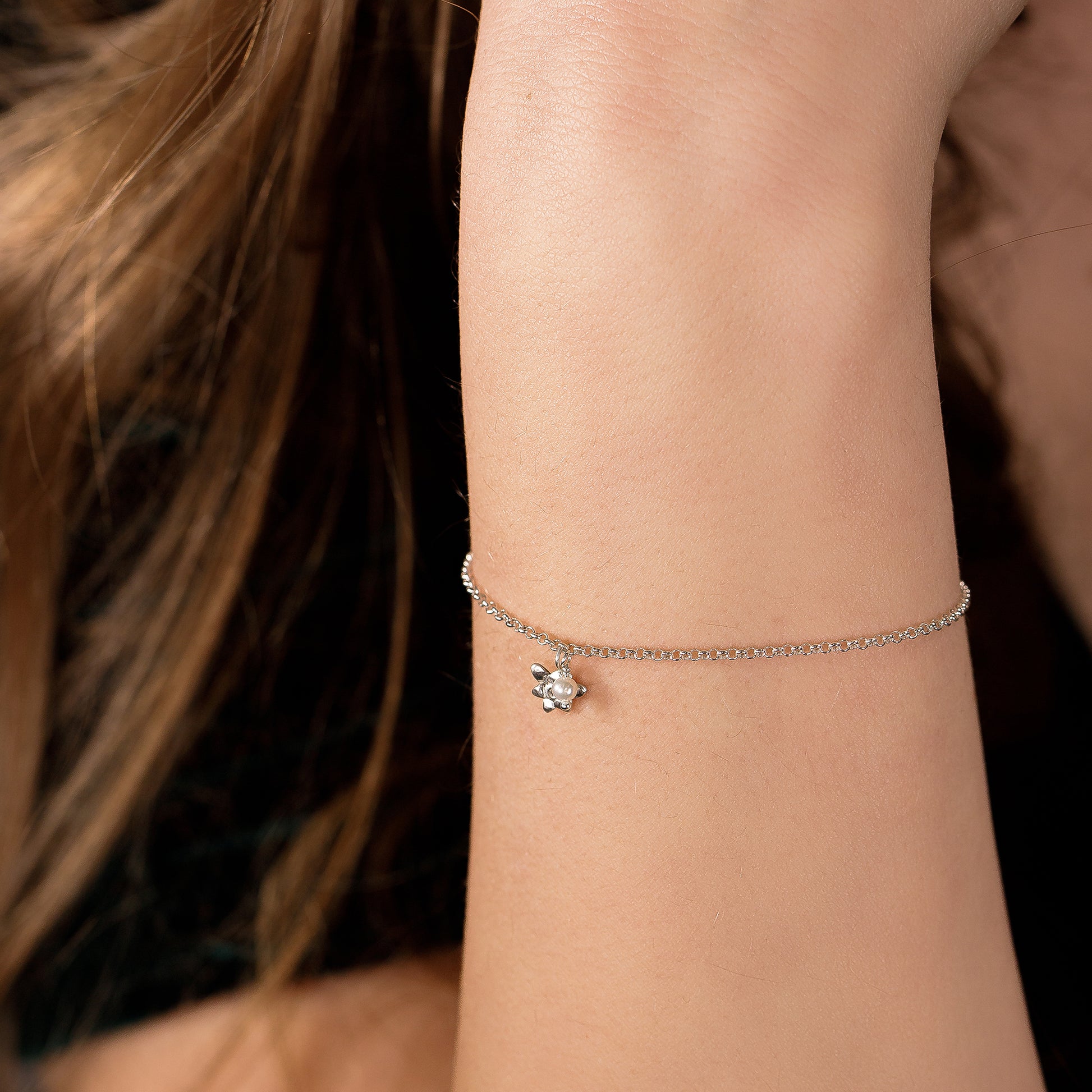 7th Anniversary Gift - Delicate Freesia & Pearl Bracelet - Silver