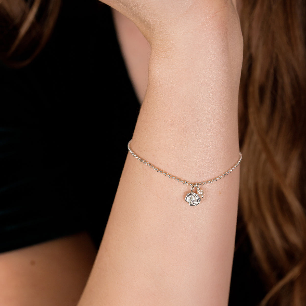 Wedding Day Gift for Bride - Rose Bracelet - Love - Silver & Pearl
