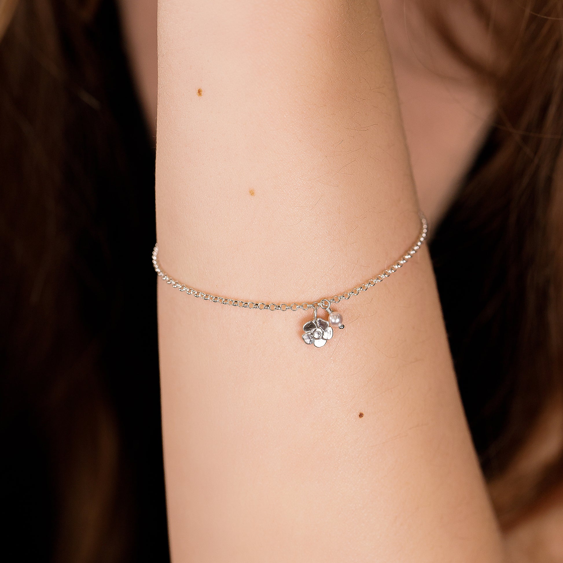 4th Anniversary Gift - Delicate Geranium & Pearl Bracelet - Silver