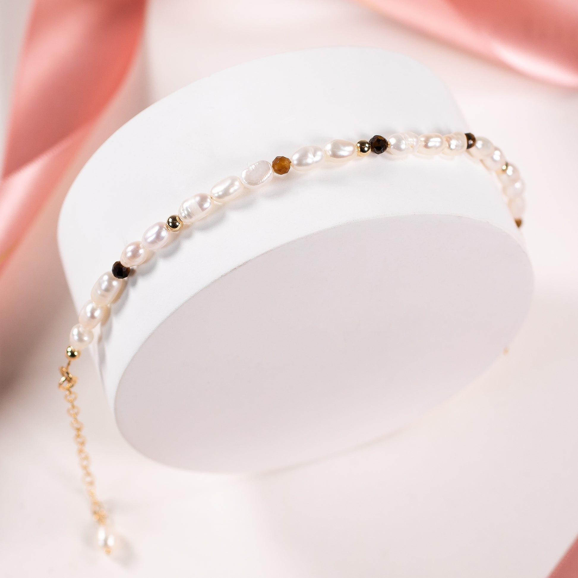 Tiger's Eye Seed Pearl Bracelet - Protection - Silver & Gold