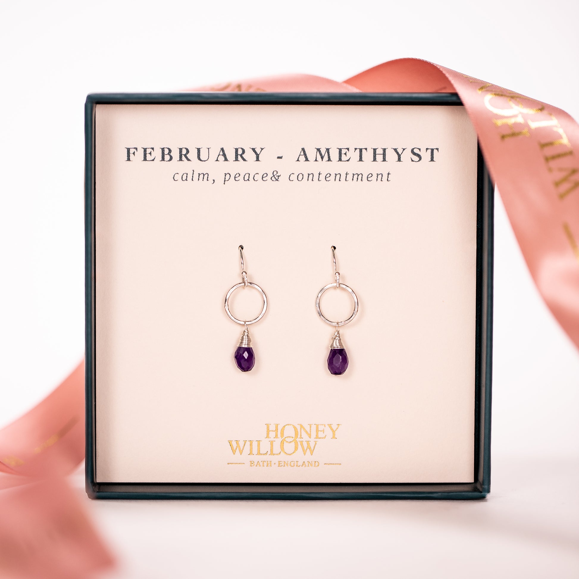 February Birthstone Circle Earrings - Amethyst - Silver & Gold