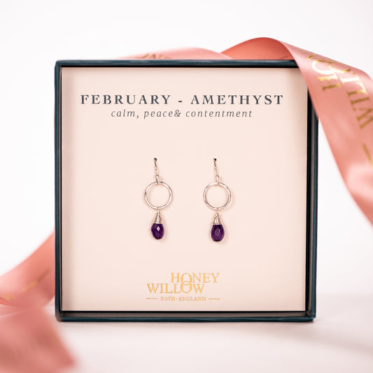 February Birthstone Circle Earrings - Amethyst - Silver & Gold