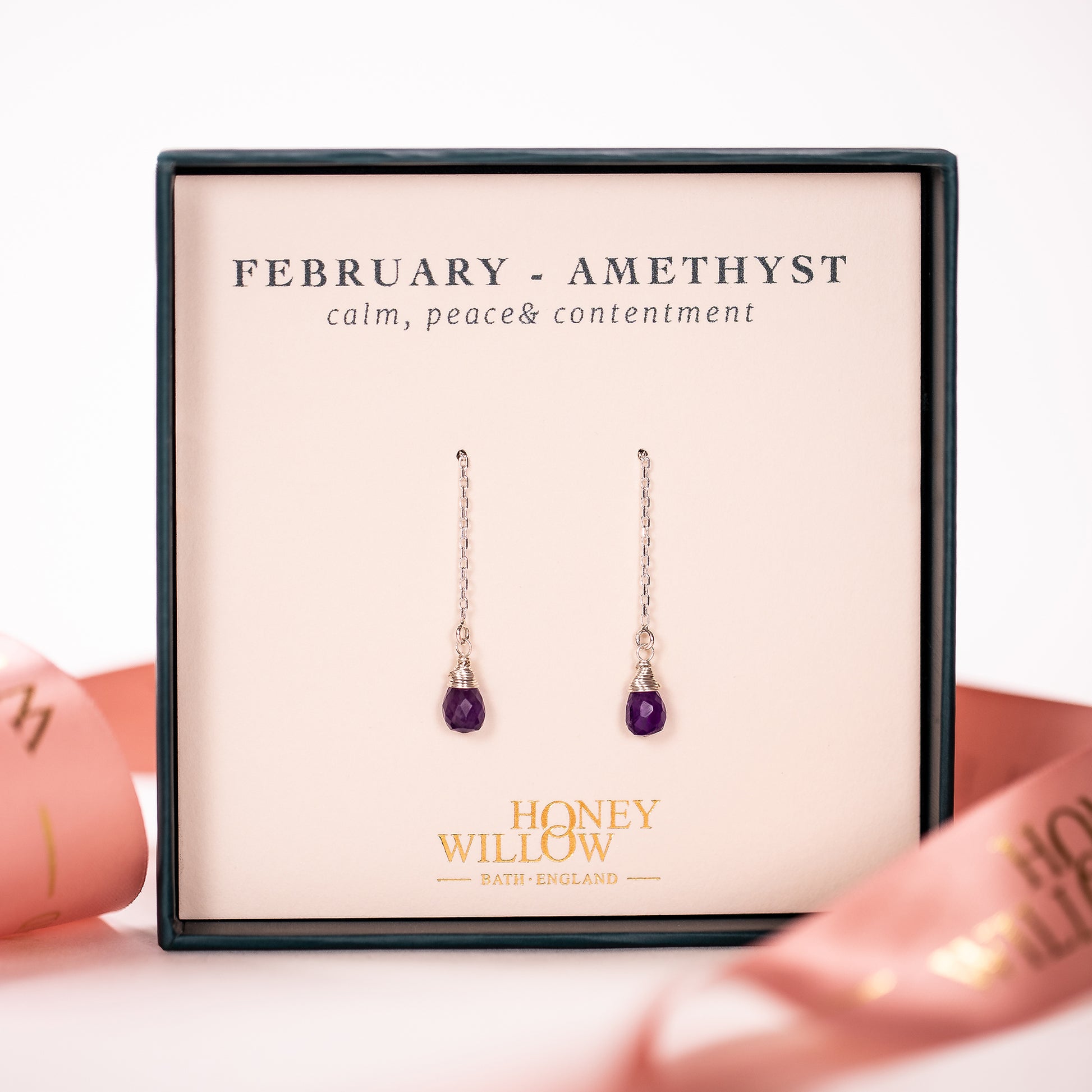 February Birthstone Threader Earrings - Amethyst - Silver & Gold