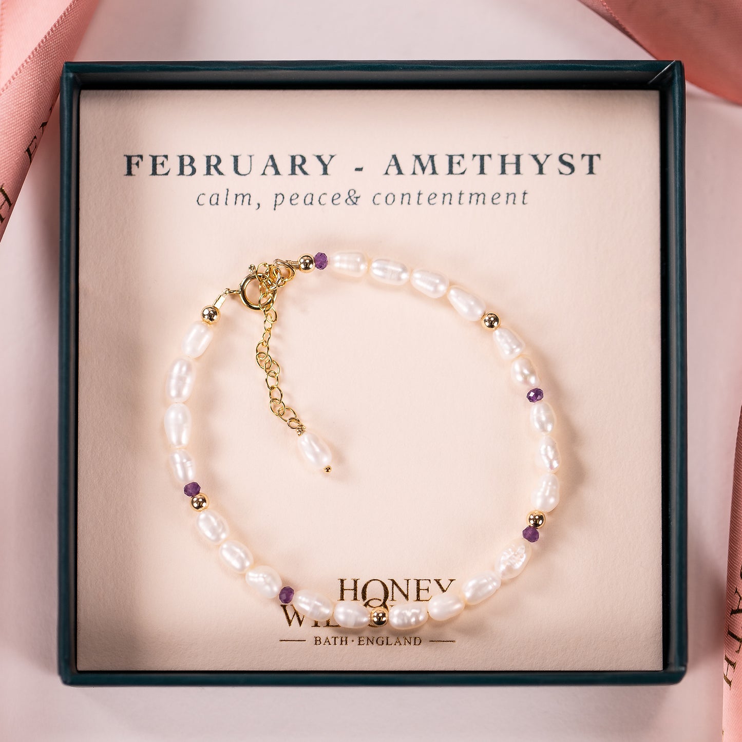 February Birthstone Bracelet - Seed Pearl & Amethyst - Silver & Gold