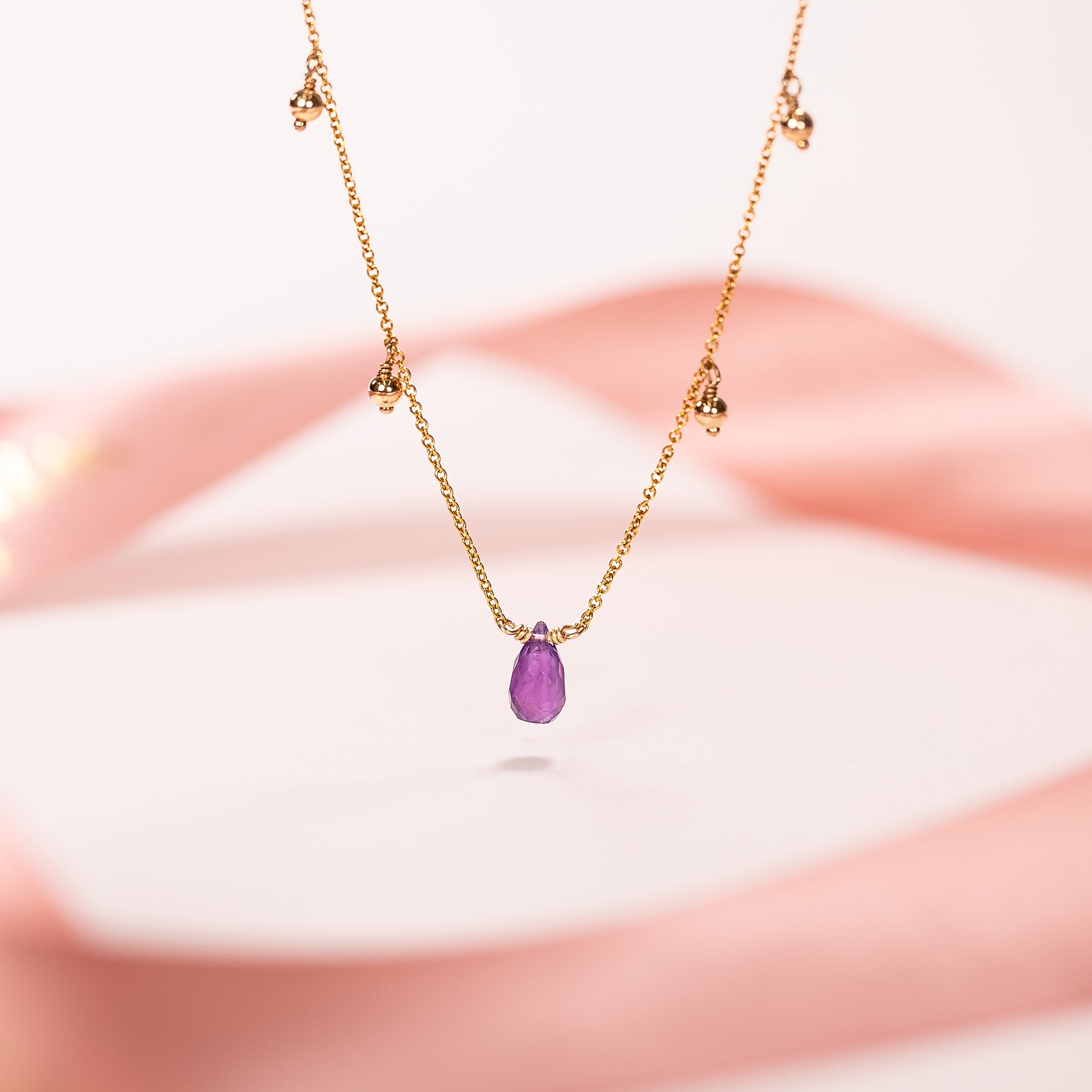 February Birthstone Briolette Choker Necklace - Amethyst - Silver & Gold