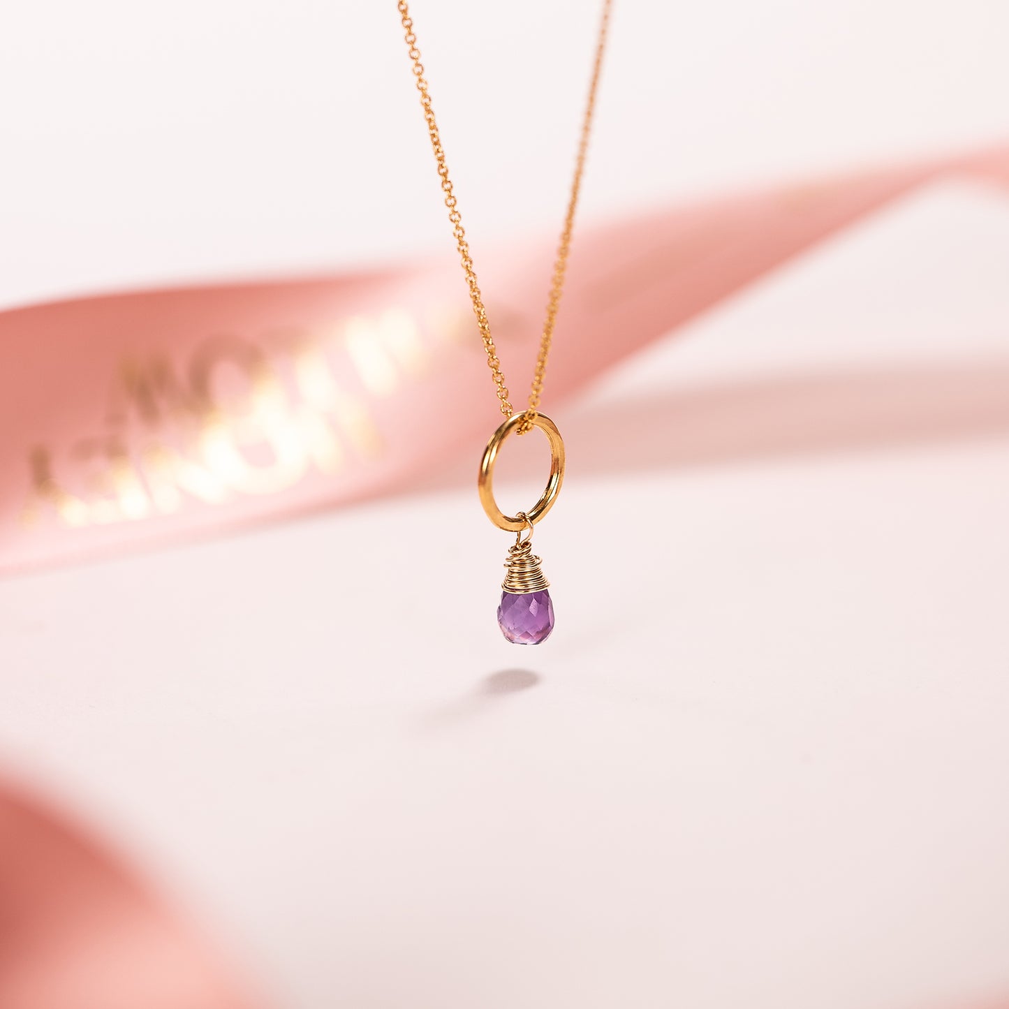 February Birthstone Circle Necklace - Amethyst - Silver & Gold