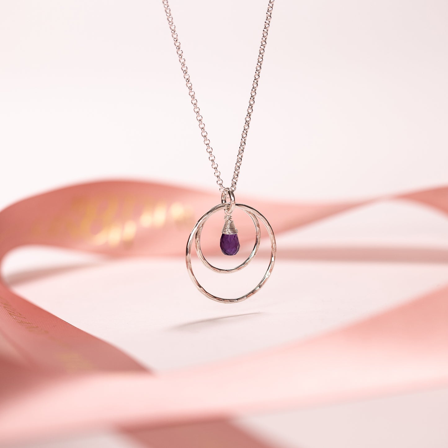 February Birthstone Double Halo Necklace - Amethyst - Silver & Gold