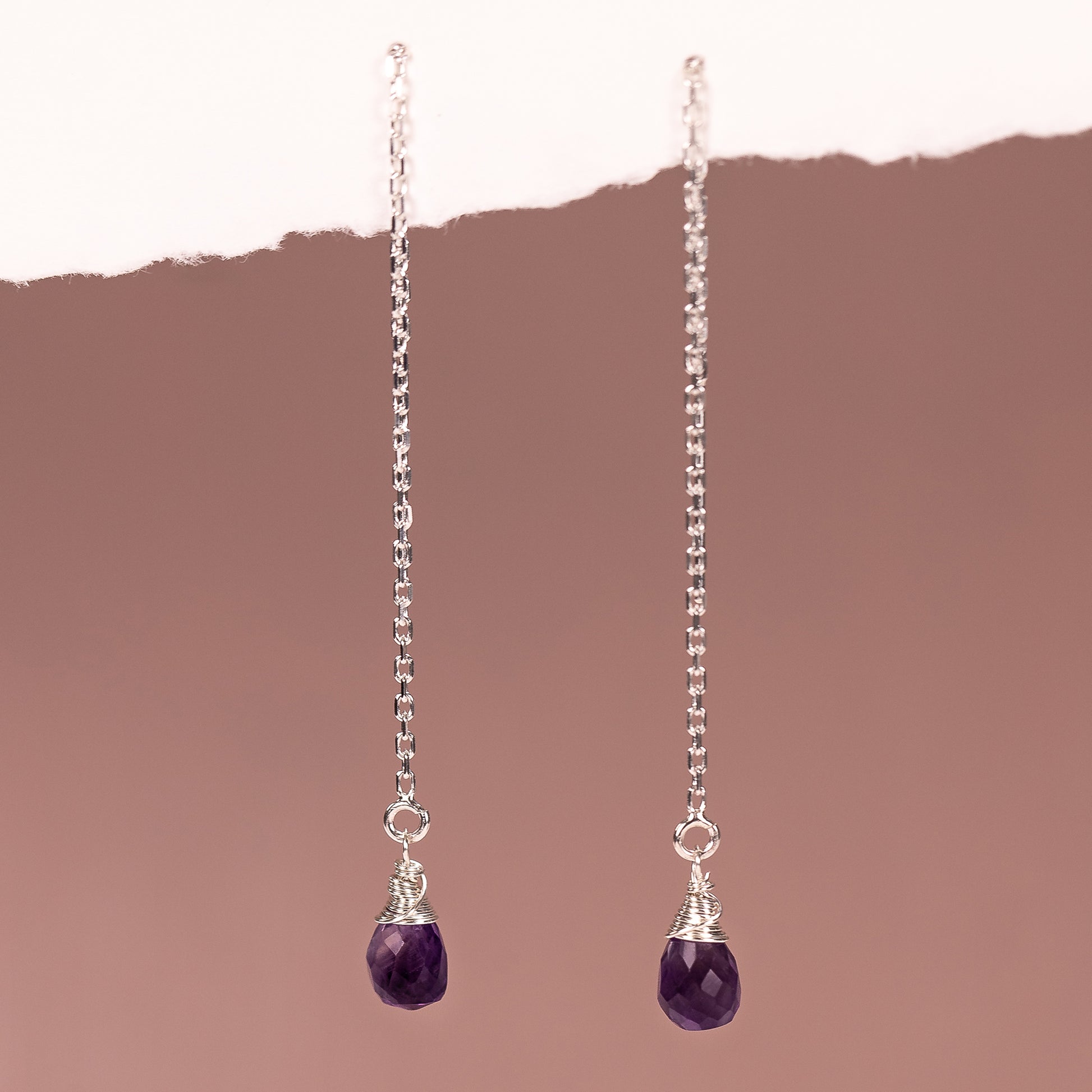 February Birthstone Threader Earrings - Amethyst - Silver & Gold