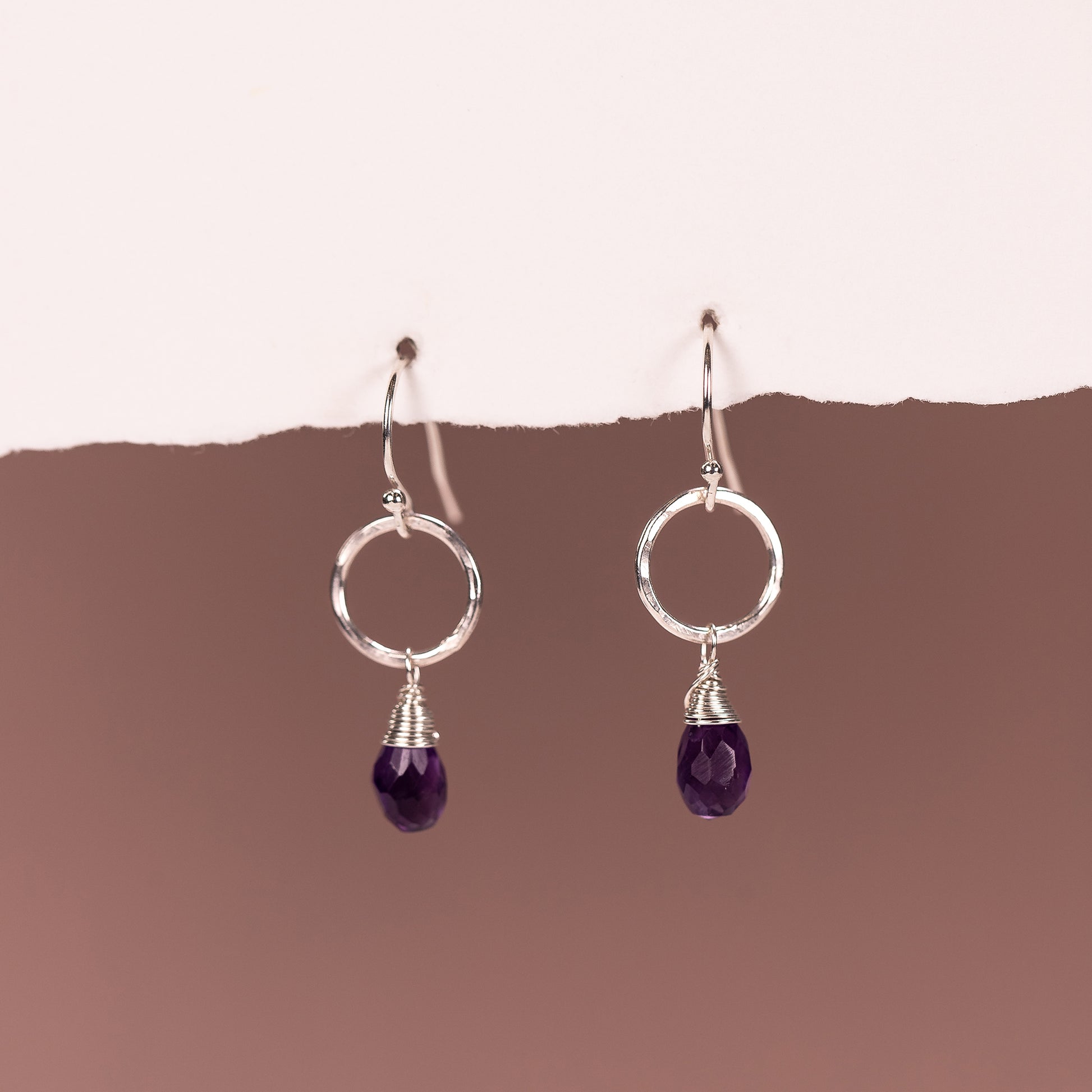 February Birthstone Circle Earrings - Amethyst - Silver & Gold