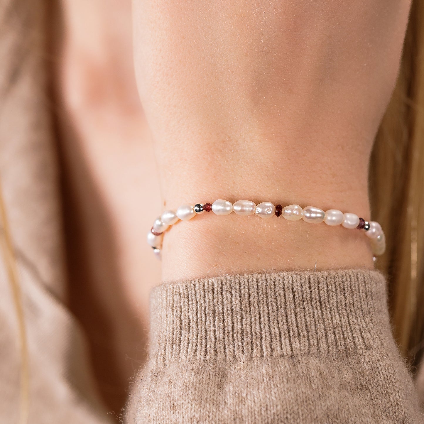 22nd Anniversary Gift - Pearl and Spinel Bracelet - Silver & Gold