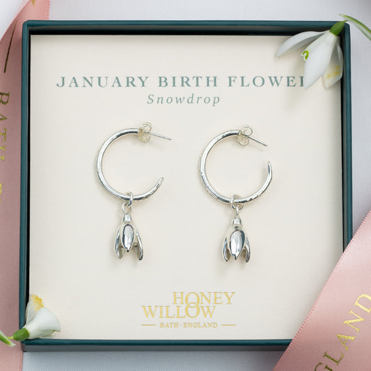 January Birth Flower Hoop Earrings - Snowdrop - Silver - 2cm