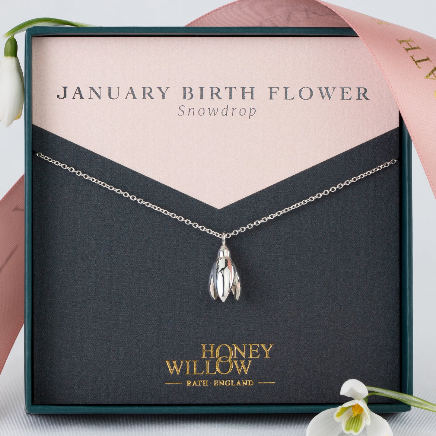 January Birth Flower Necklace - Snowdrop - Silver