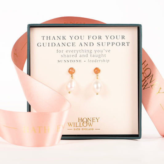 Thank You For Your Leadership Gift - Sunstone & Pearl Earrings - Silver & Gold
