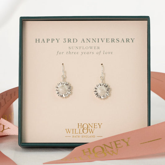 3rd Anniversary Gift - Sunflower Earrings - Silver