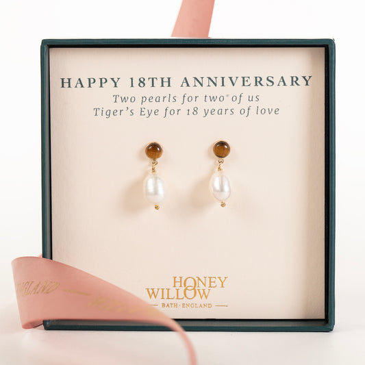 18th Anniversary Gift - Tiger's Eye Anniversary Earrings - Silver & Gold