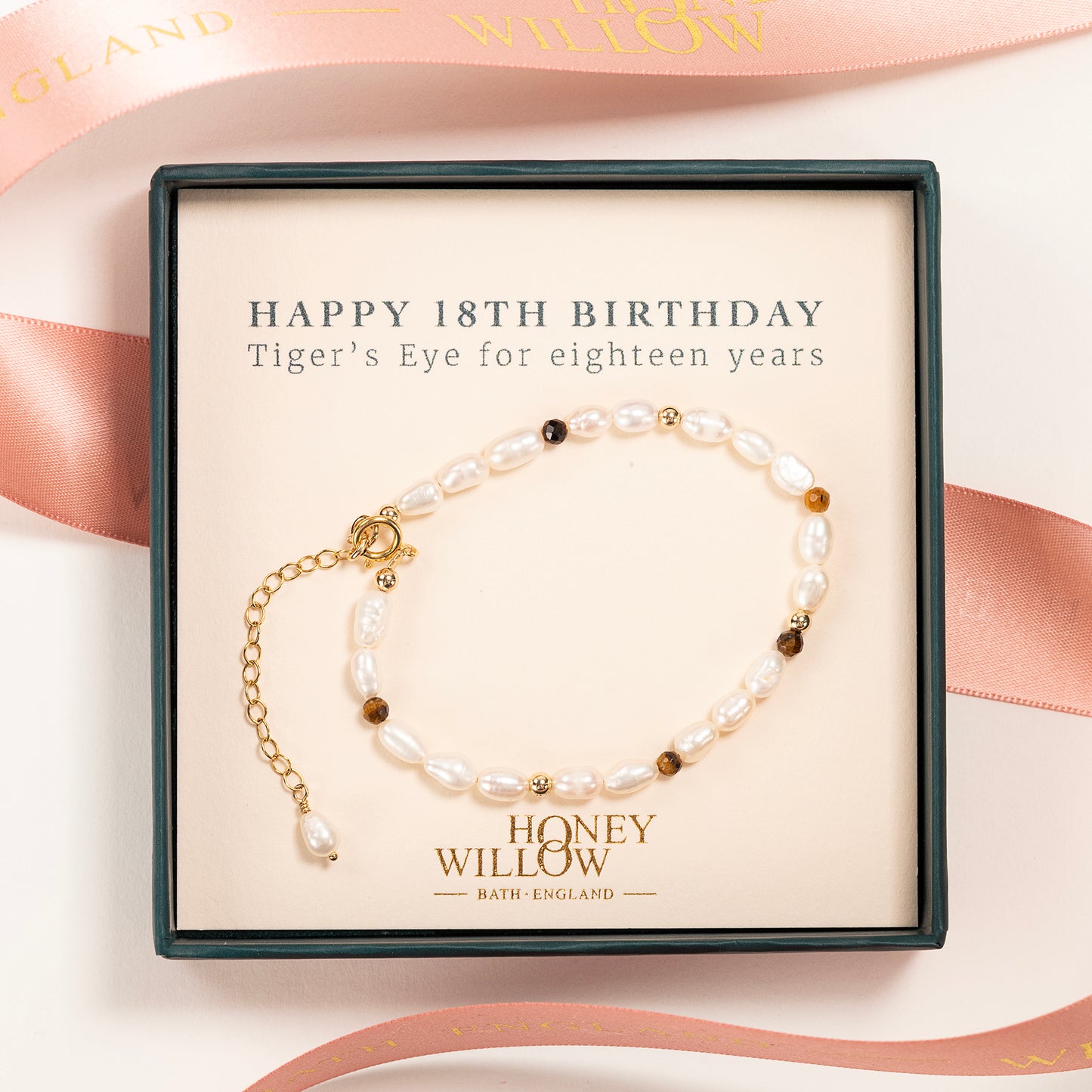 18th Birthday Gift - Pearl and Tiger's Eye Bracelet - Silver & Gold