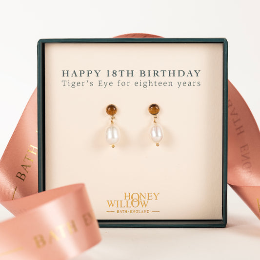 18th Birthday Gift - Tiger's Eye & Pearl Earrings - Silver & Gold