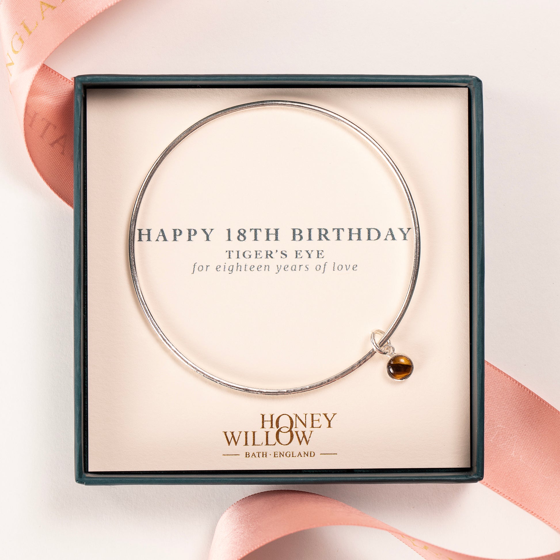 18th Birthday Gift - Personalised Tiger's Eye Bangle - Silver