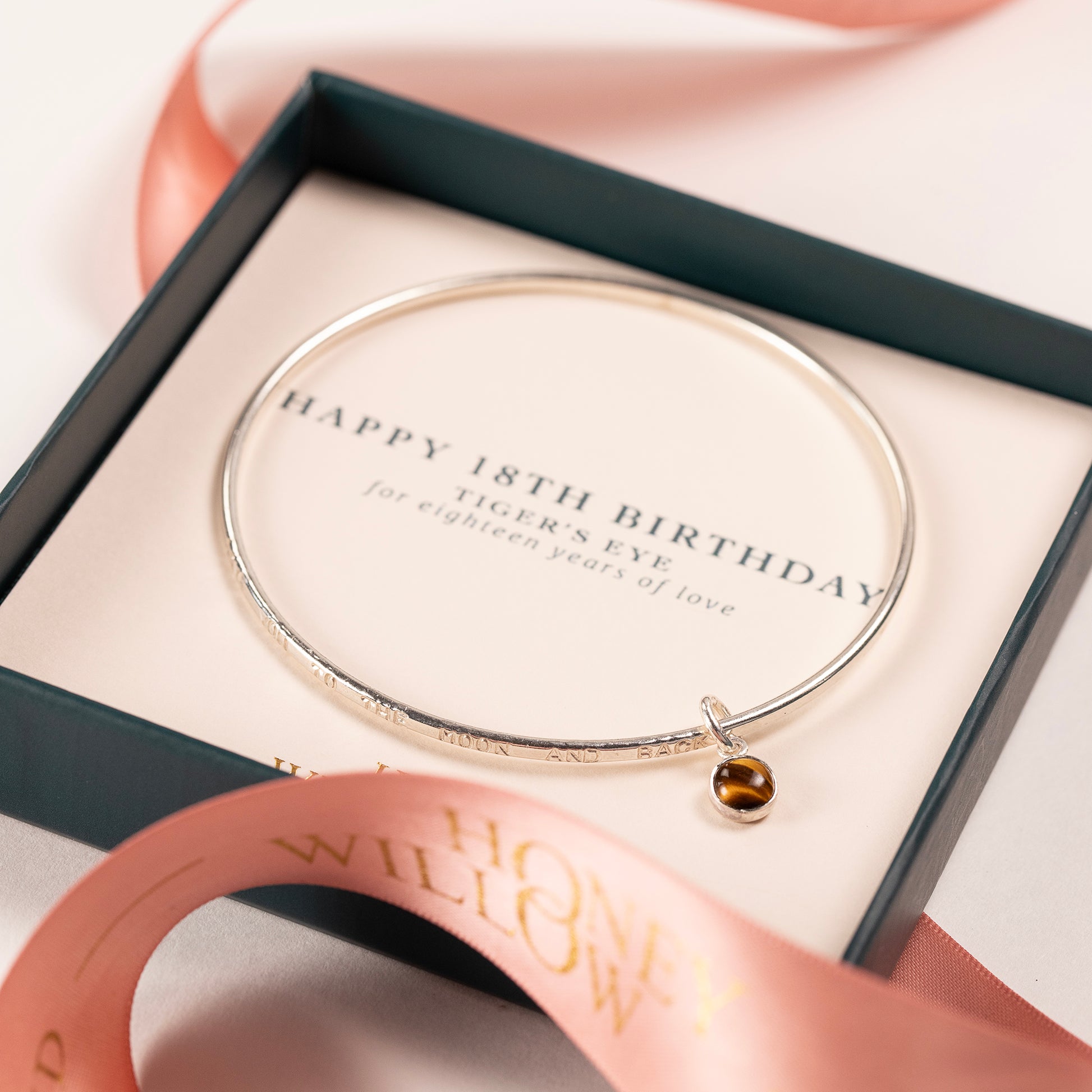 18th Birthday Gift - Personalised Tiger's Eye Bangle - Silver