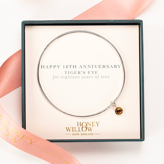 18th Anniversary Gift - Personalised Tiger's Eye Bangle - Silver