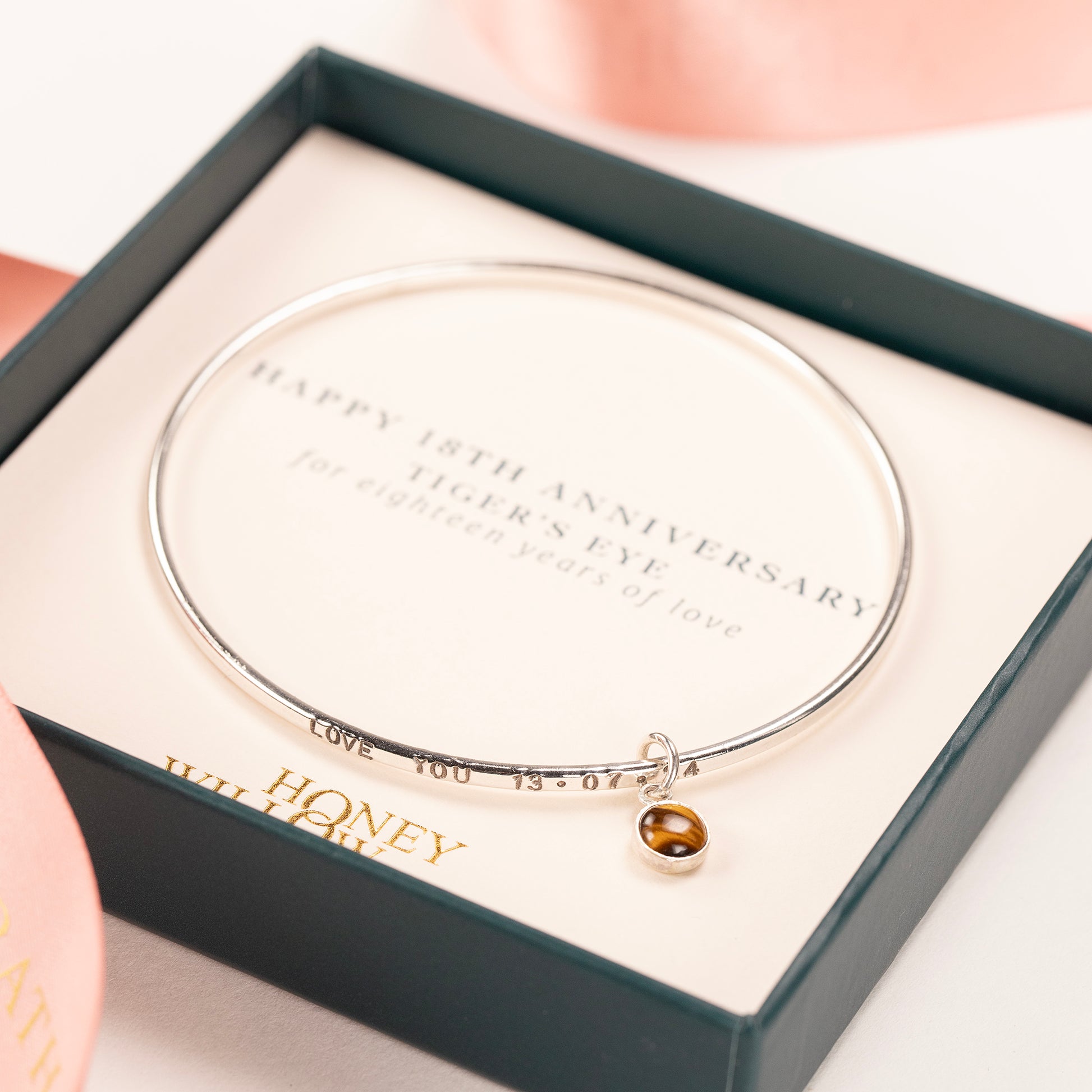 18th Anniversary Gift - Personalised Tiger's Eye Bangle - Silver