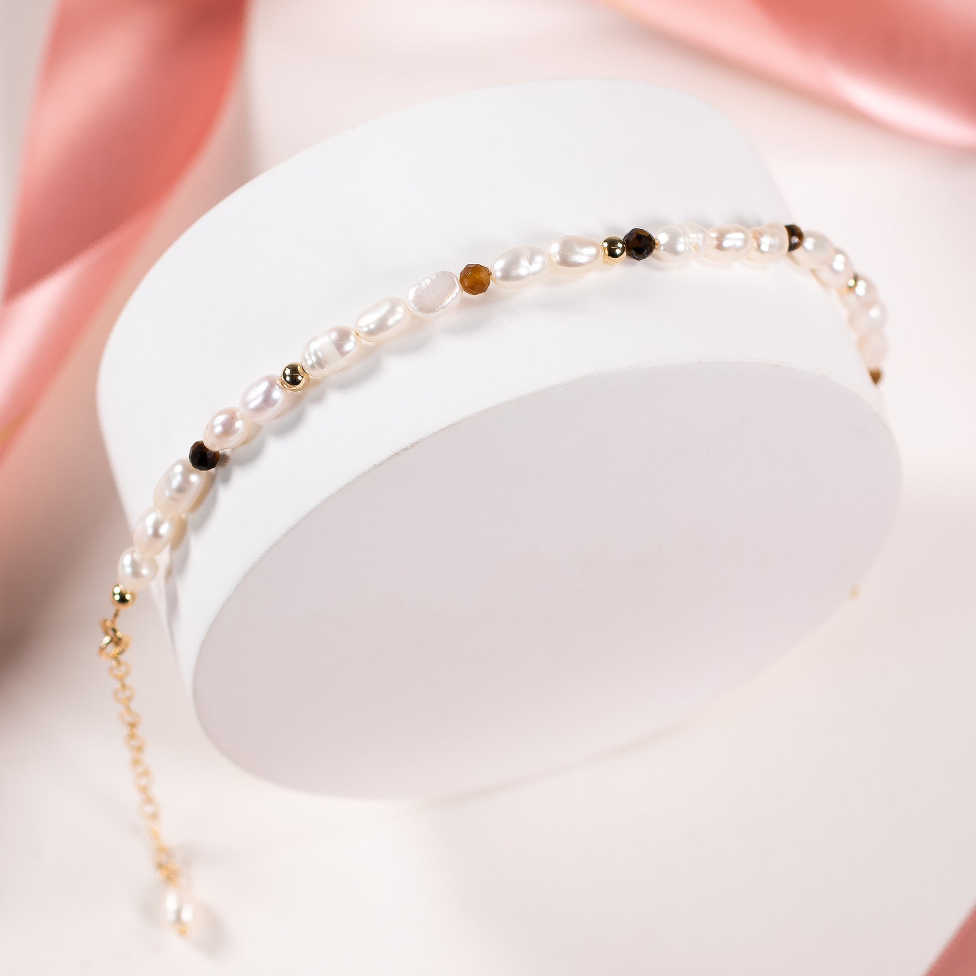 18th Birthday Gift - Pearl and Tiger's Eye Bracelet - Silver & Gold