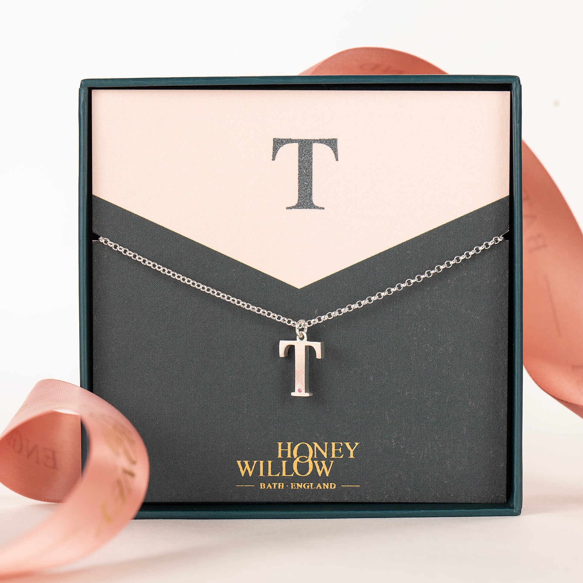 T Initial Charm & Birthstone Necklace - Silver