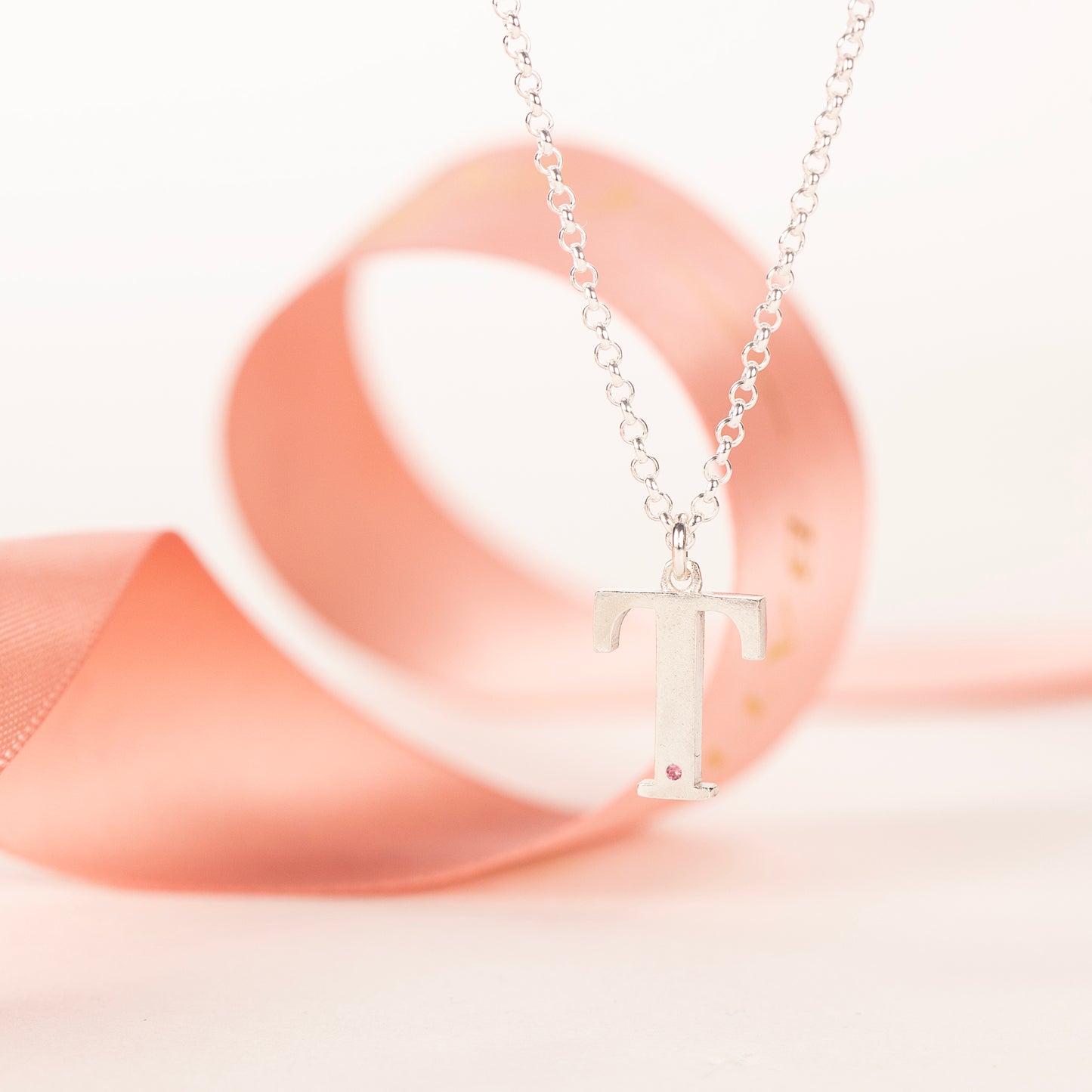 T Initial Charm & Birthstone Necklace - Silver