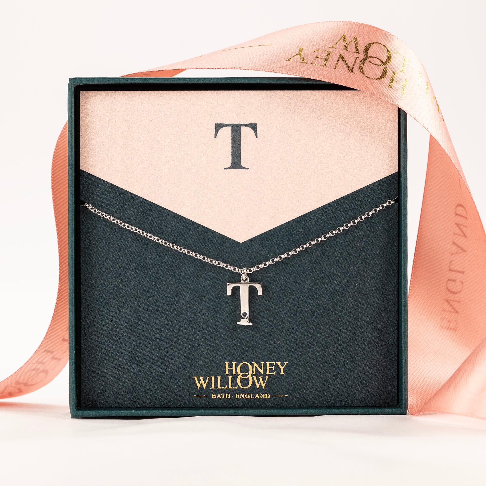 T Initial Letter & Birthstone Necklace - Silver