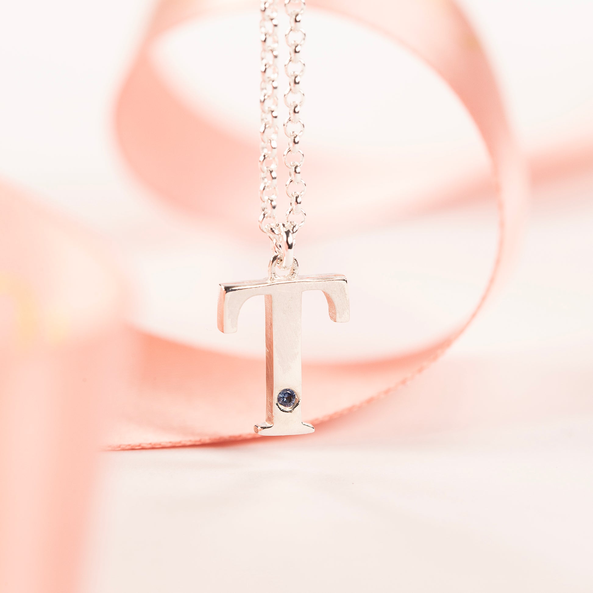 T Initial Letter & Birthstone Necklace - Silver