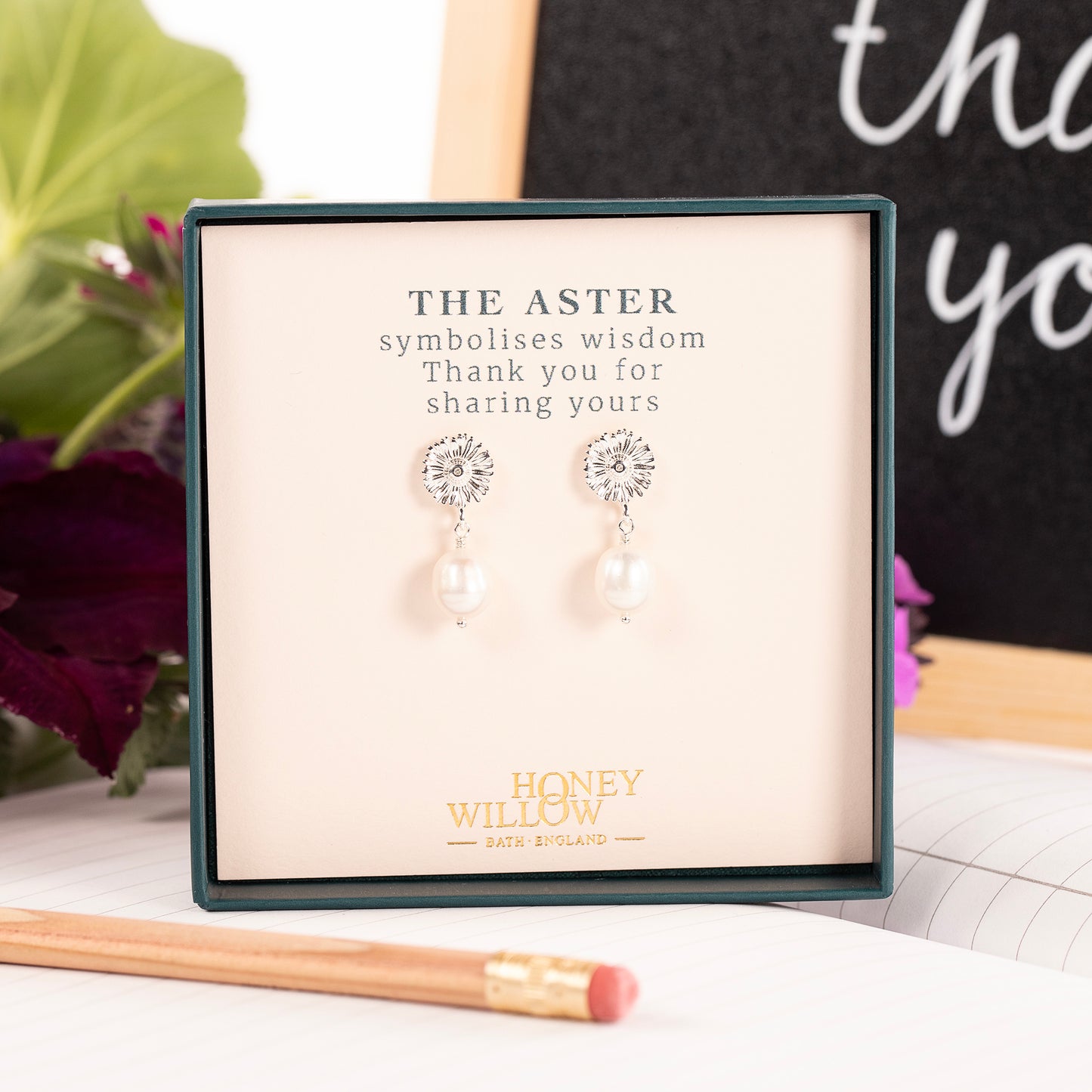Thank You For Sharing Your Wisdom - Aster Flower & Pearl Earrings - Silver