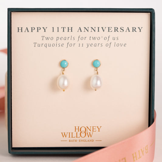 11th Anniversary Gift - Turquoise & Pearl Earrings - Silver & Gold