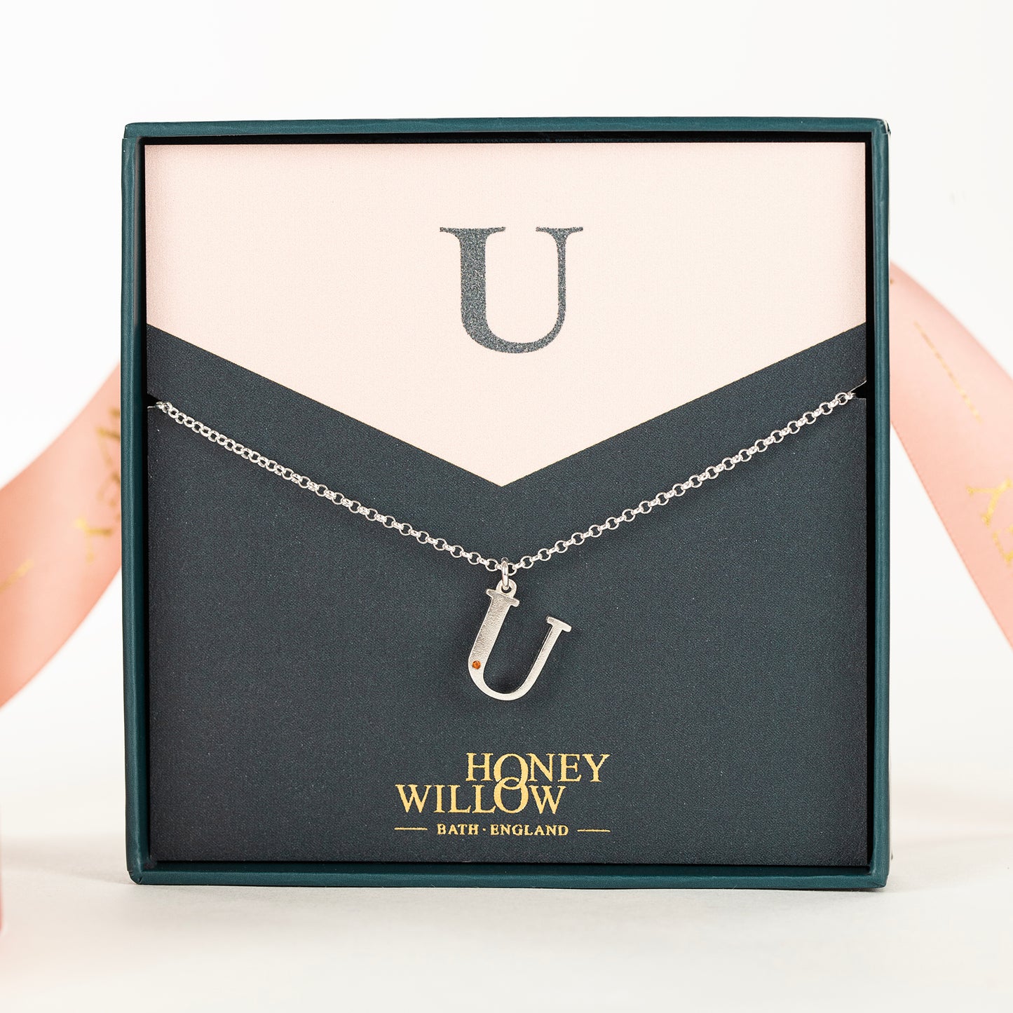 U Initial Charm & Birthstone Necklace - Silver