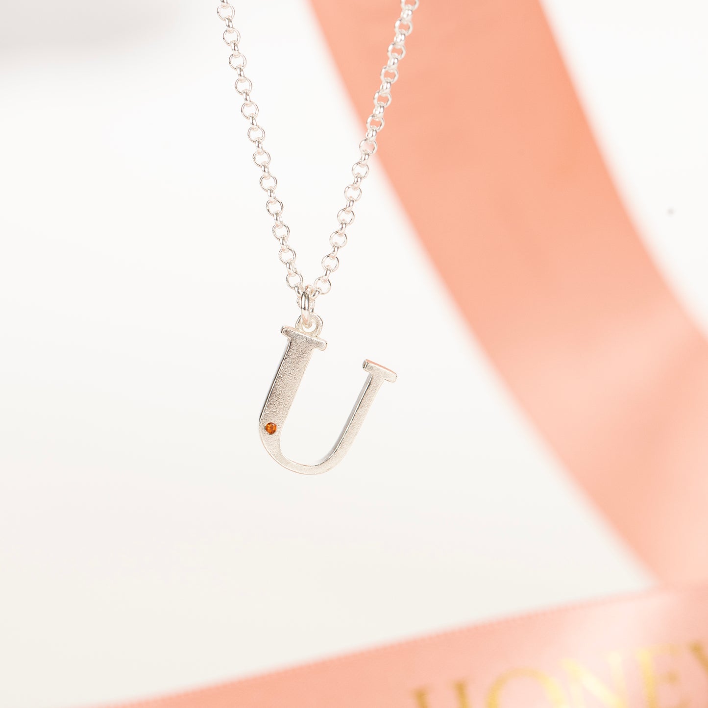 U Initial Charm & Birthstone Necklace - Silver