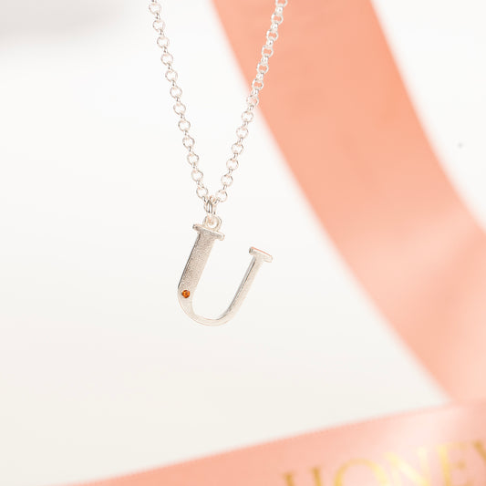U Initial Charm & Birthstone Necklace - Silver