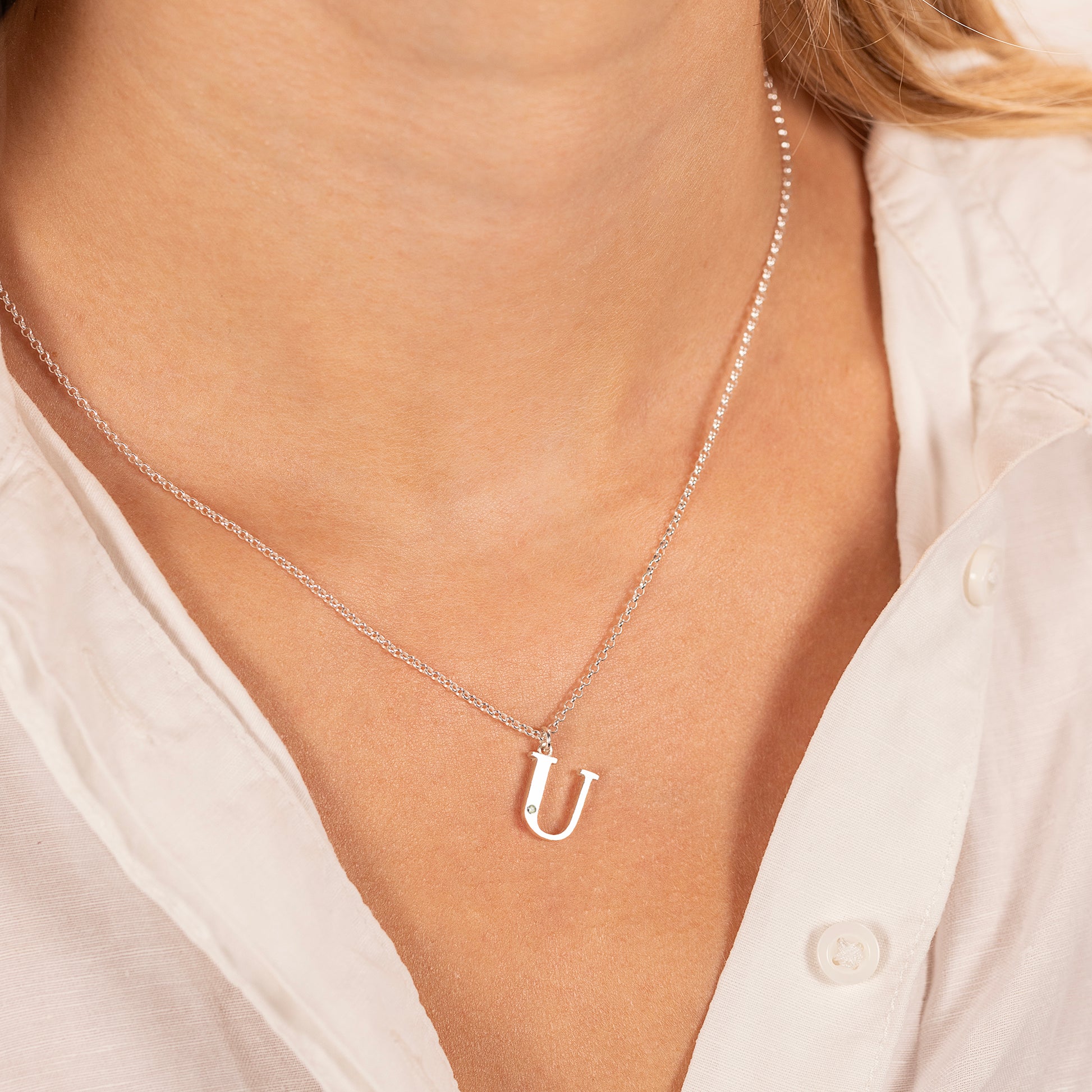 U Initial Letter & Birthstone Necklace - Silver