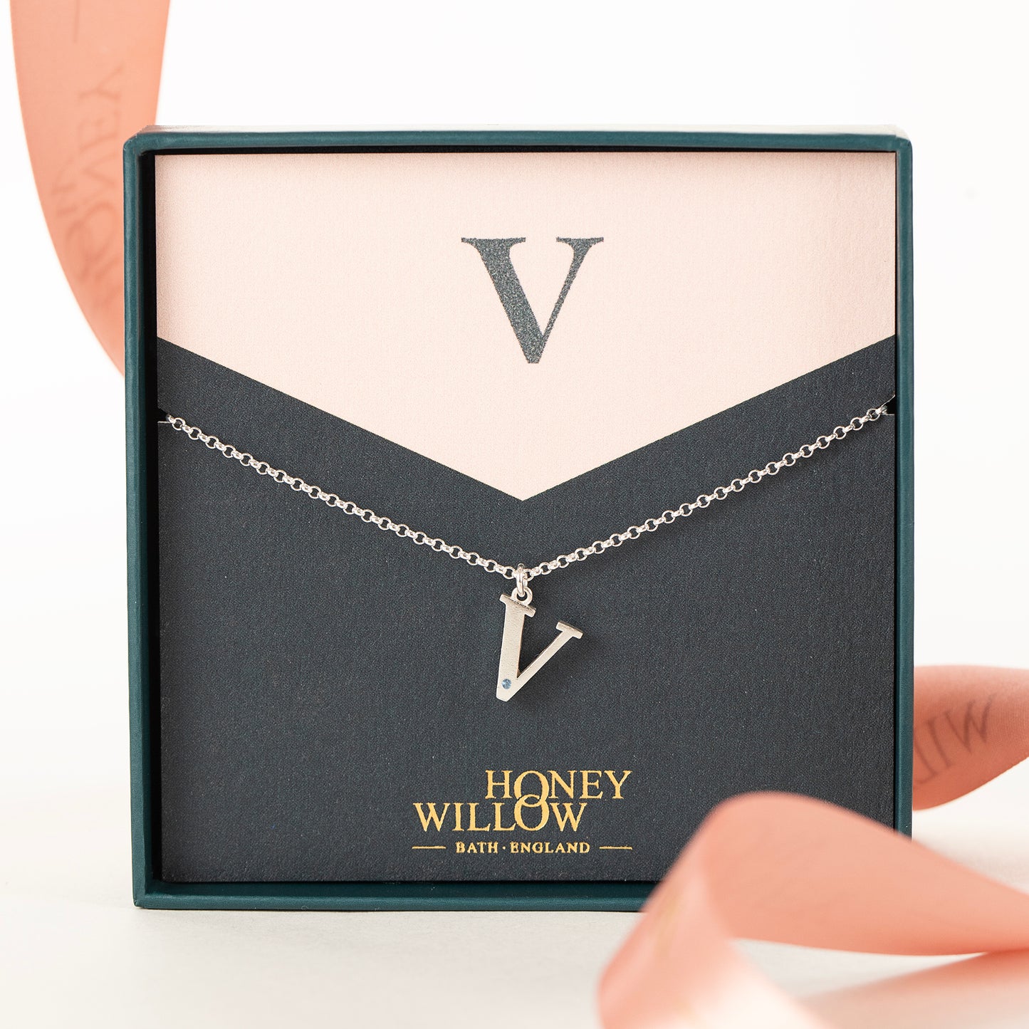V Initial Charm & Birthstone Necklace - Silver