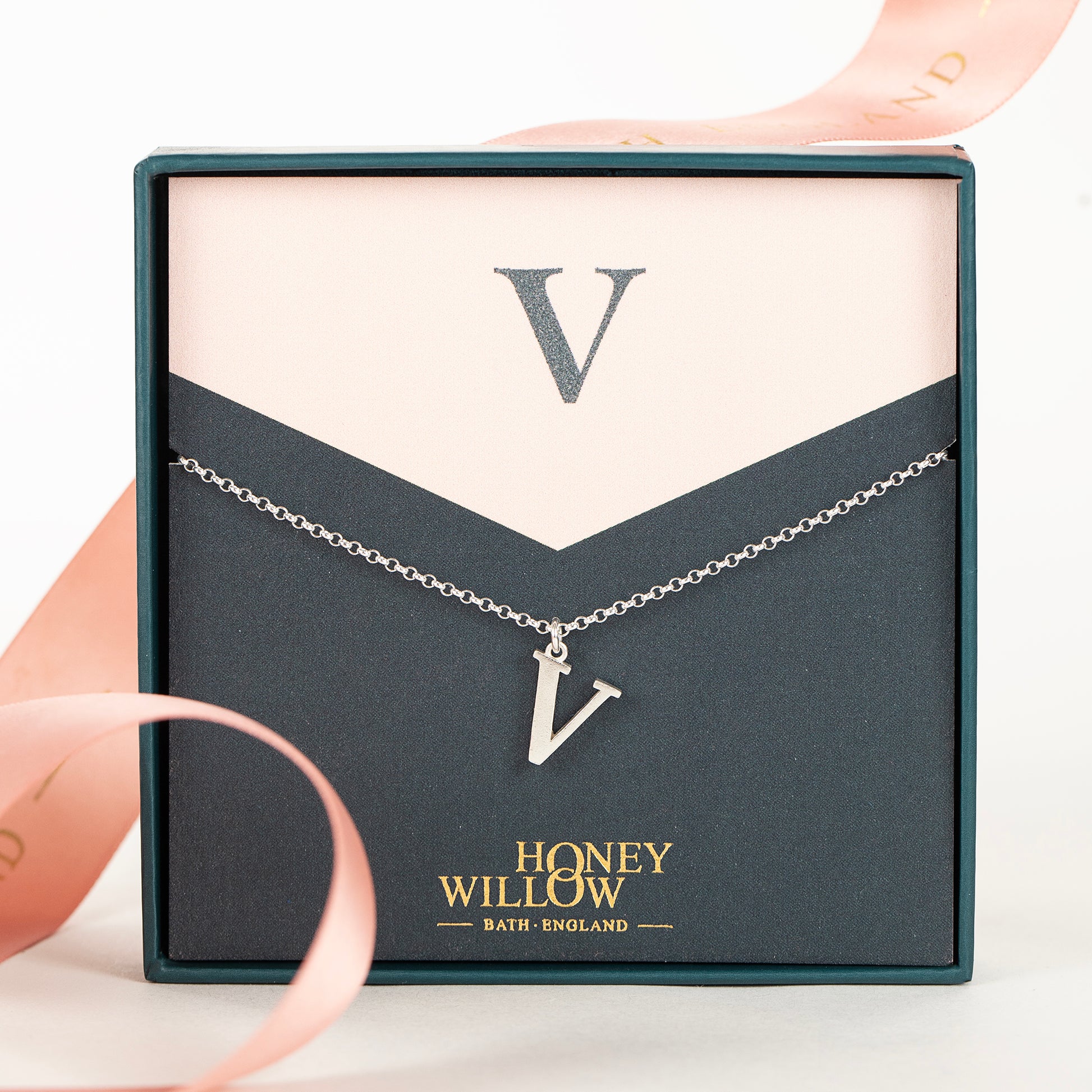 V Initial Charm Necklace - Silver
