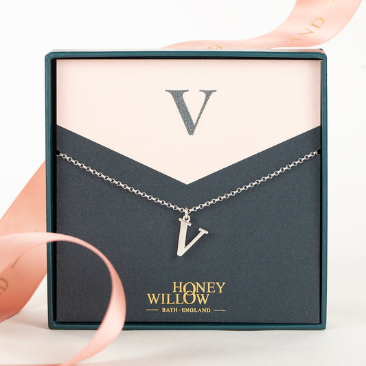 V Initial Charm Necklace - Silver