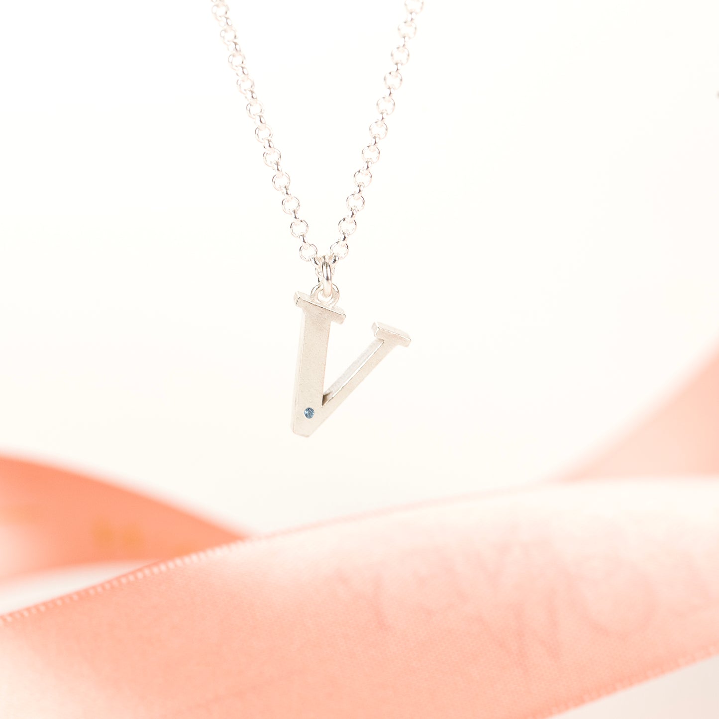 V Initial Charm & Birthstone Necklace - Silver