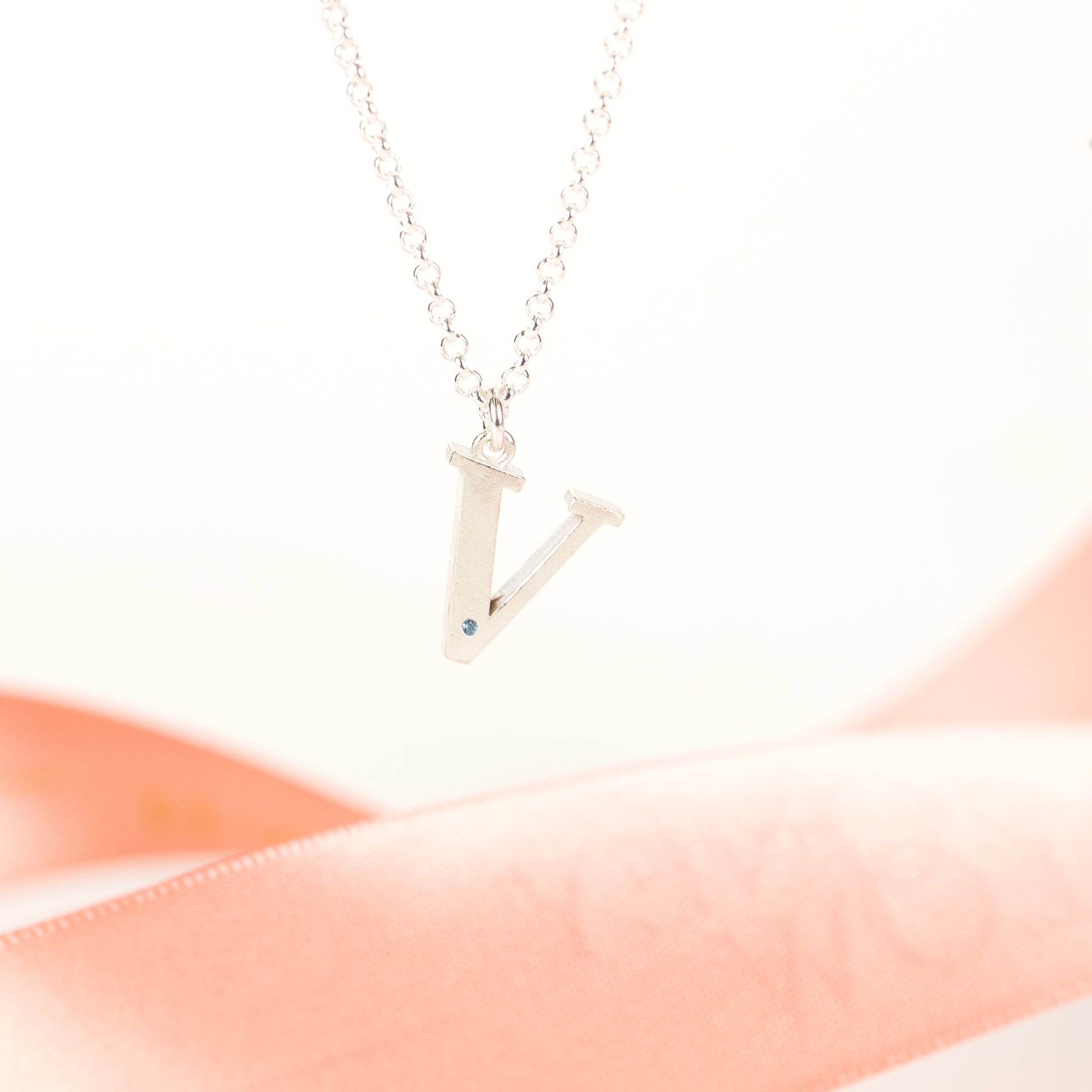 V Initial Charm & Birthstone Necklace - Silver