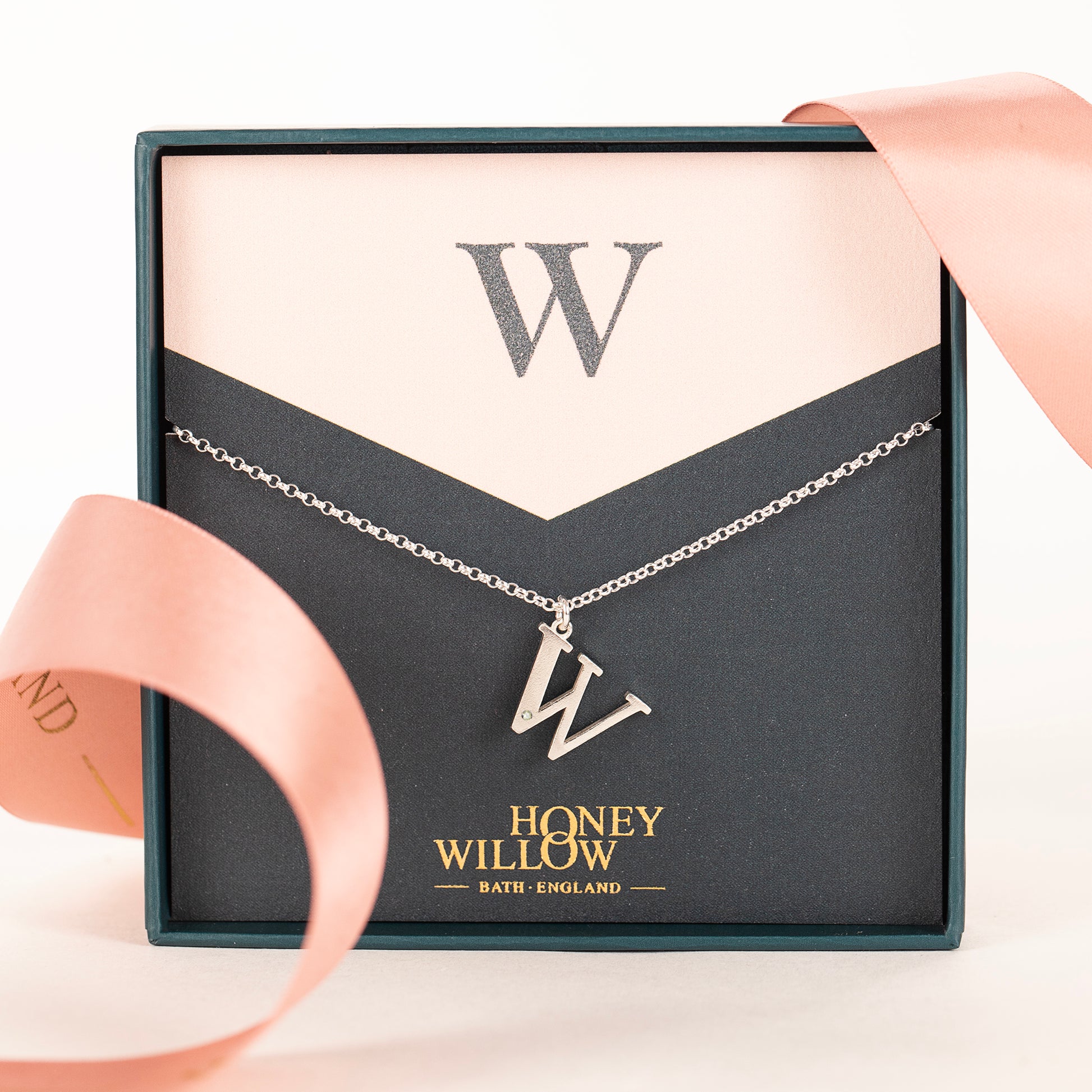 W Initial Charm & Birthstone Necklace - Silver