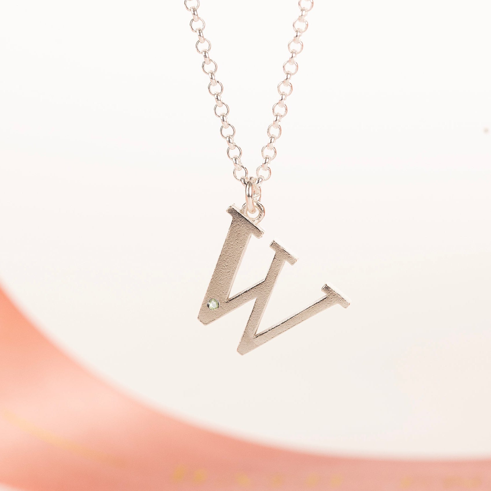 W Initial Charm & Birthstone Necklace - Silver