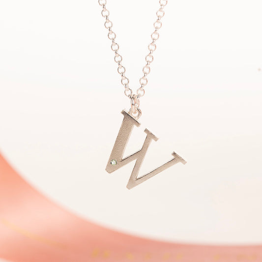 W Initial Charm & Birthstone Necklace - Silver
