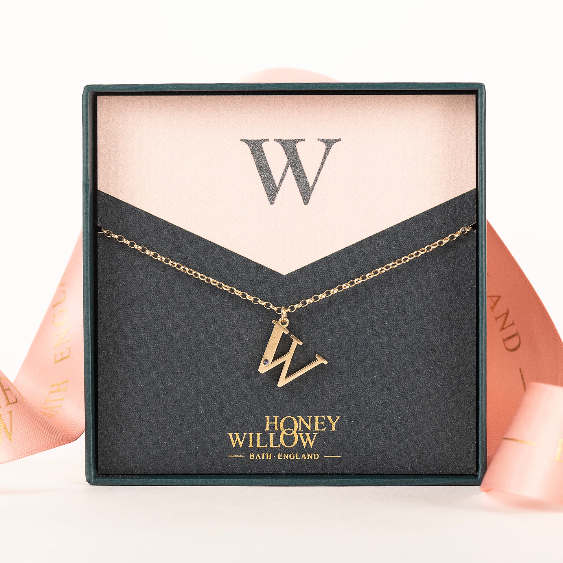 W Initial Letter & Birthstone Necklace - 9kt Gold
