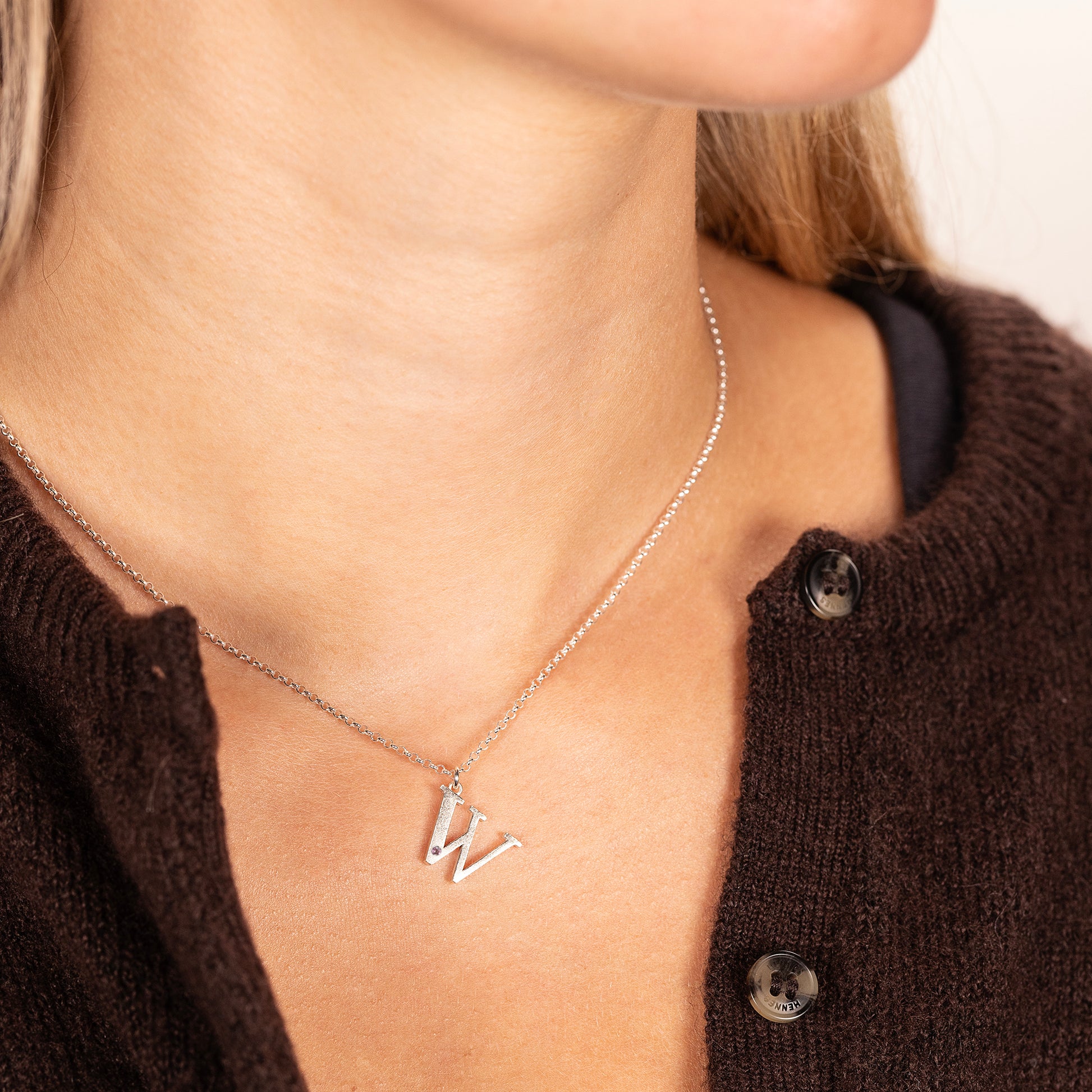 W Initial Letter & Birthstone Necklace - Silver