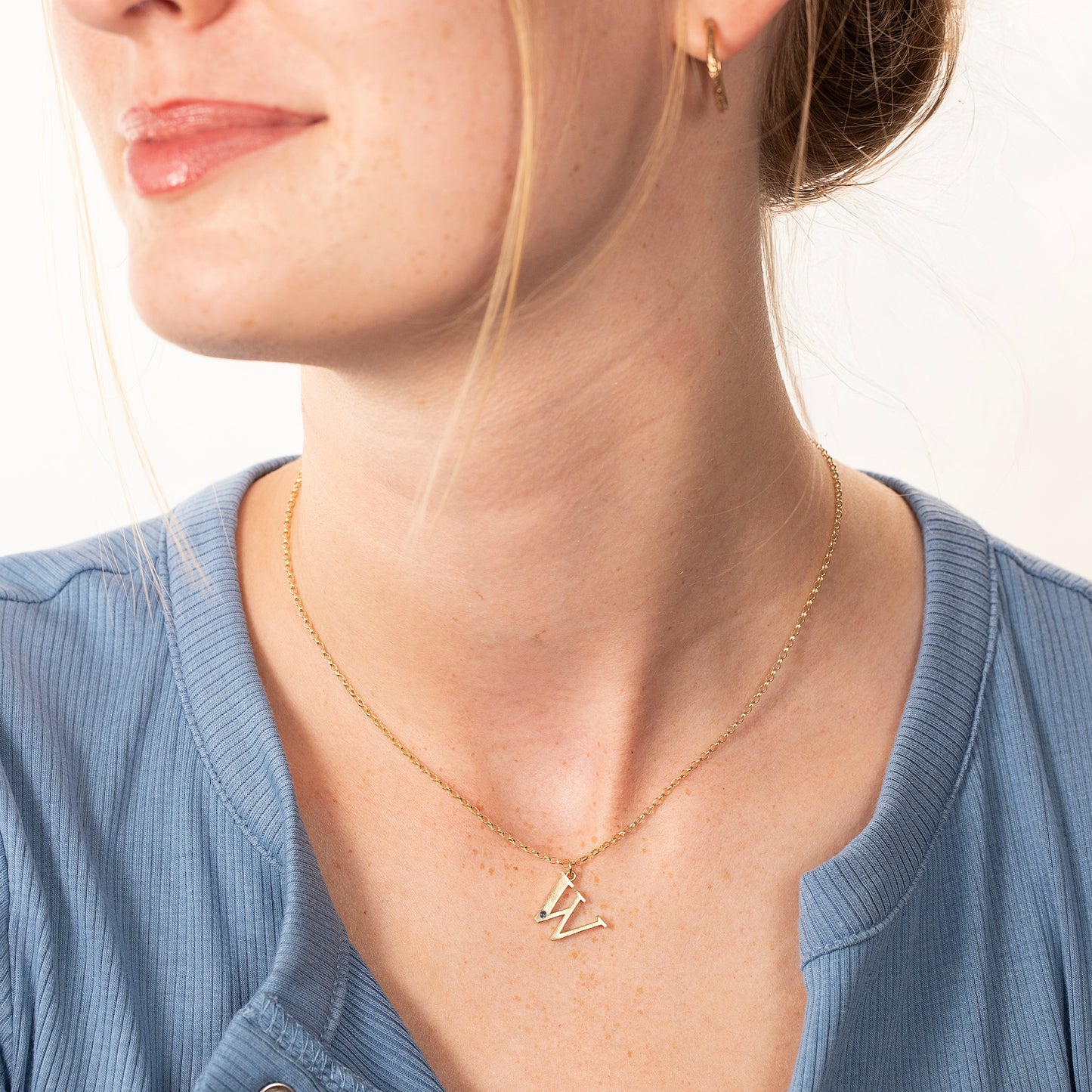 W Initial Letter & Birthstone Necklace - 9kt Gold