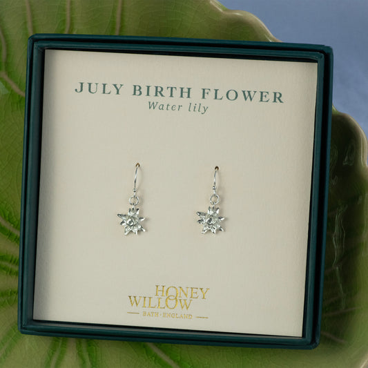 July Birth Flower Earrings - Water Lily - Silver