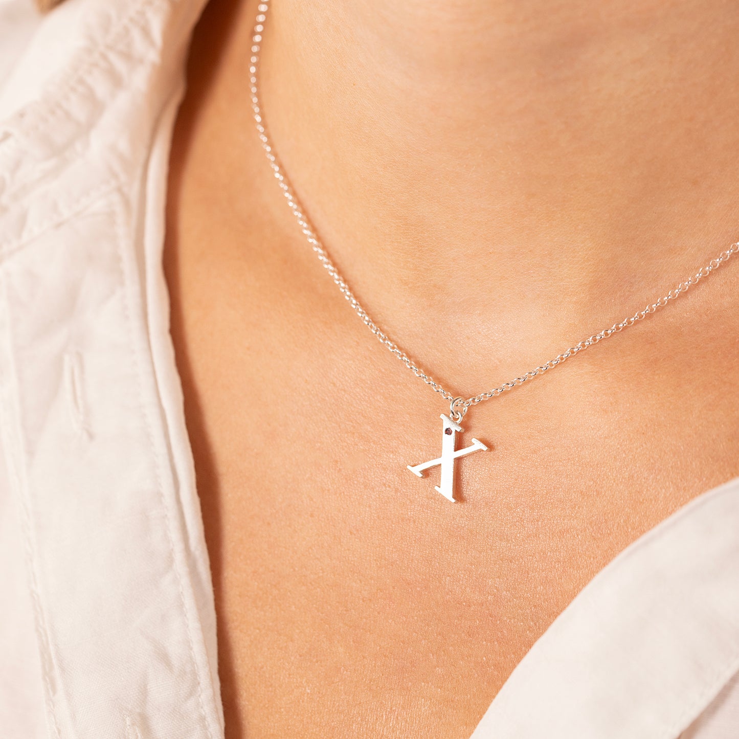 X Initial Letter & Birthstone Necklace - Silver