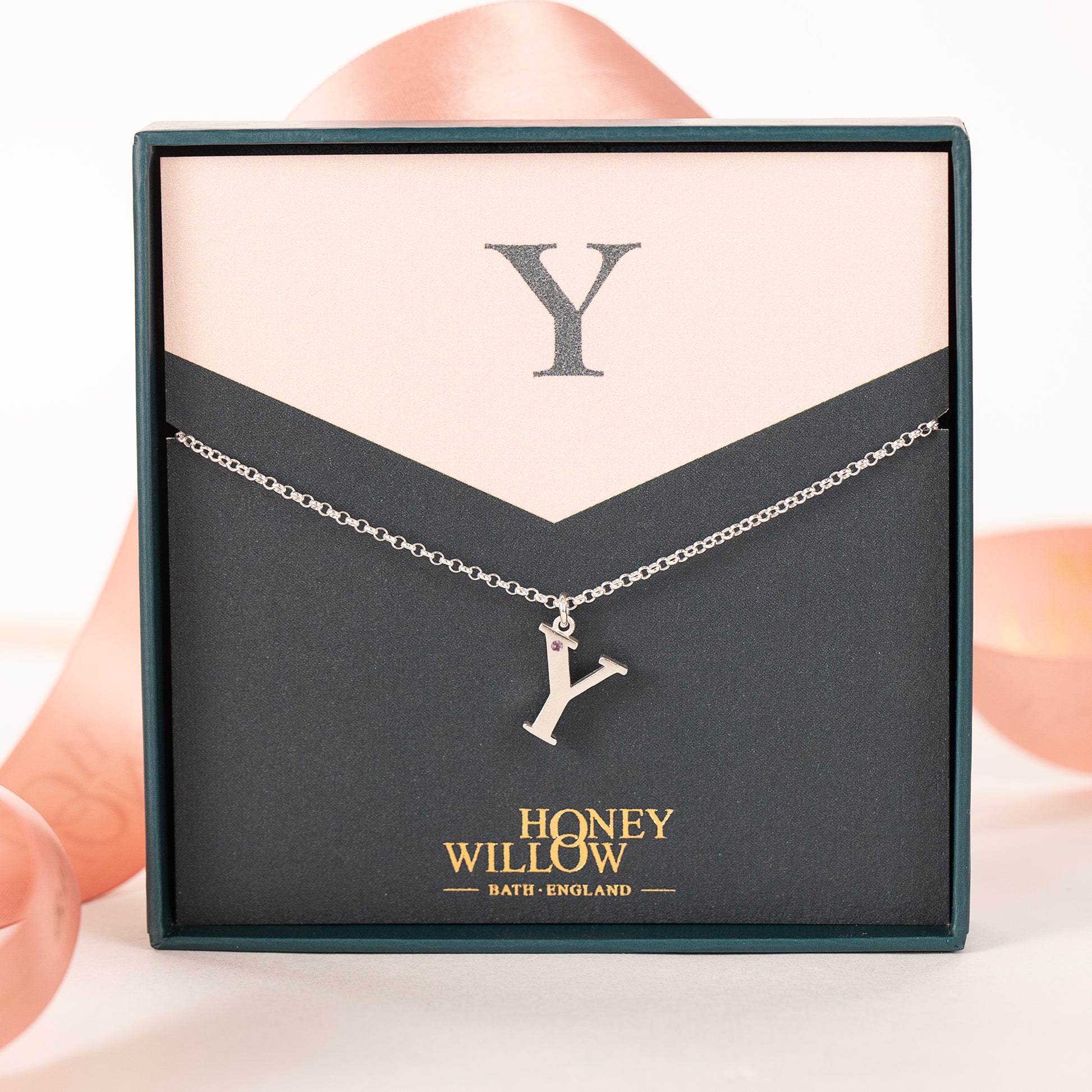 Y Initial Charm & Birthstone Necklace - Silver